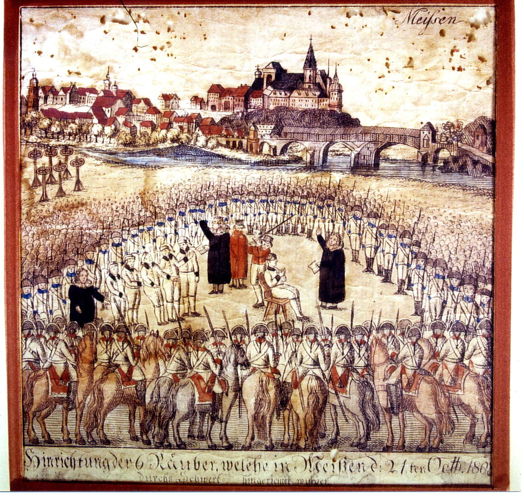 Flugblatt mit Darstellung einer Hinrichtung. Im Hintergrund ist die Stadt Meißen zu sehen.